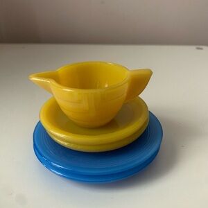 Vintage Akro Agate Little Hostess Pastel Toy Glass Dish Set Childrens Tea-5pc